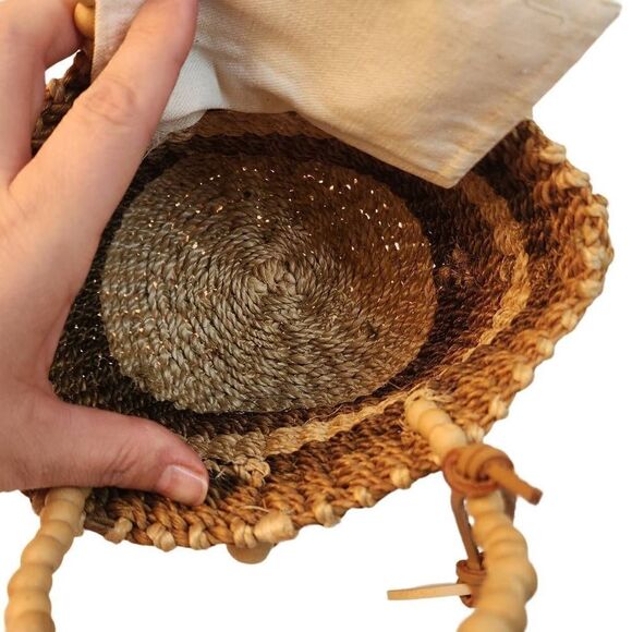 Nine West Womens Tan & Brown Color Block Straw Beaded Double Handle Tote Bag - Picture 7 of 9